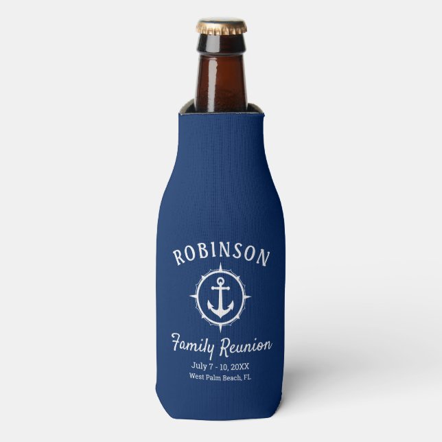 Nautical Anchor Family Reunion Navy Blue & White Bottle Cooler (Bottle Front)