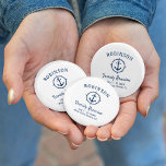 Nautical Anchor Family Reunion Navy Blue & White Button<br><div class="desc">A nautical themed family reunion button, proudly displaying your family name, reunion date and location in elegant calligraphy script with stylish modern text. This design features artwork of a custom boat anchor with a compass style boarder in navy blue on white or easily customize the background to any desired color....</div>