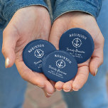 Nautical Anchor Family Reunion Navy Blue & White Button<br><div class="desc">A nautical themed family reunion button, proudly displaying your family name, reunion date and location in elegant calligraphy script with stylish modern text. This design features artwork of a custom boat anchor with a compass style boarder in white on navy blue or easily customize the background to any desired color....</div>