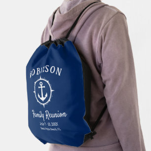 Nautical Anchor Family Reunion Navy Blue & White Drawstring Bag