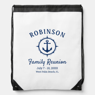 Nautical Anchor Family Reunion Navy Blue & White Drawstring Bag