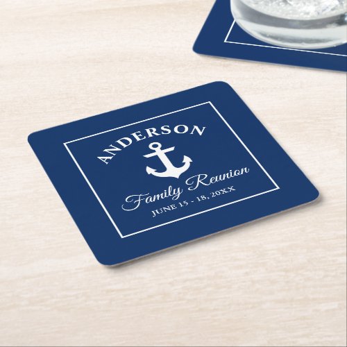 Nautical Anchor Family Reunion Navy Blue White Square Paper Coaster