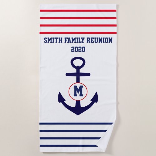 Nautical Anchor Family Reunion Red and Blue Beach Towel