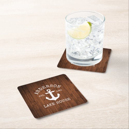Nautical Anchor Faux Wood Family Lake House Square Paper Coaster