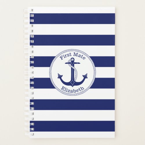 Nautical Anchor First Mate Navy Blue Stripe Planner