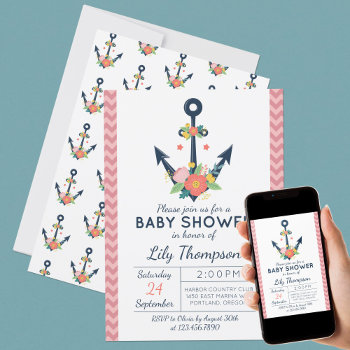 Nautical Anchor Floral Baby Girl Shower Invitation by CyanSkyCelebrations at Zazzle