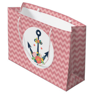 Nautical Anchor Floral Baby Girl Shower Party Large Gift Bag