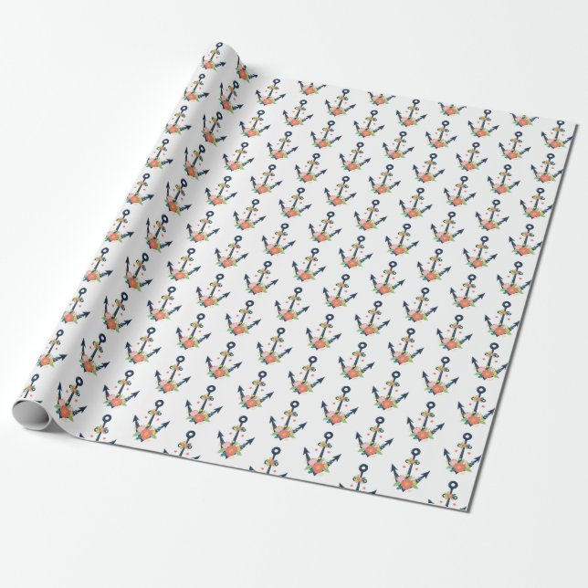 Nautical Anchor Floral Baby Girl Shower Party Wrapping Paper (Unrolled)