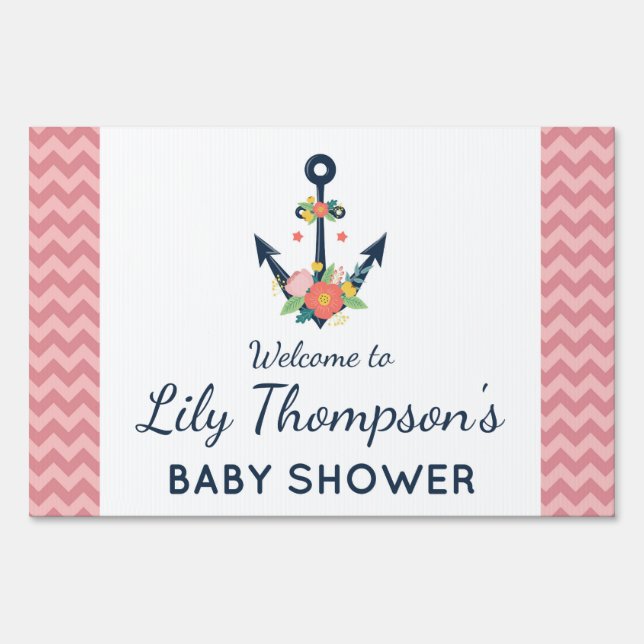 Nautical Anchor Floral Baby Girl Shower Welcome Sign (Front)