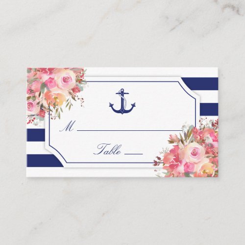 Nautical Anchor Floral Blue Stripe Wedding Place Card