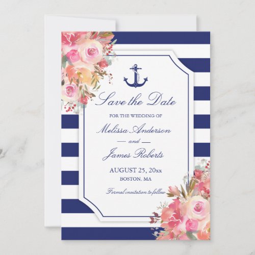 Nautical Anchor Floral Blue Stripe Wedding Save The Date