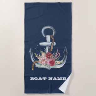 Nautical Anchor Floral Boat Name Navy Blue  Beach Towel