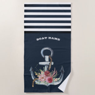 Nautical Anchor Floral Boat Name Navy Blue Stripe  Beach Towel