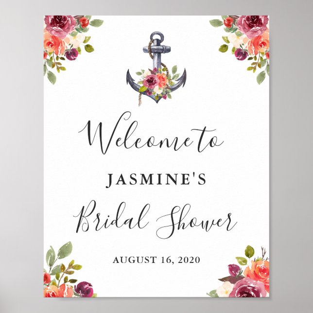 Nautical Anchor Floral Bridal Shower Welcome Sign (Front)