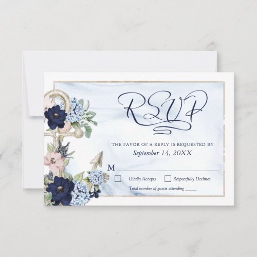 Nautical Anchor Floral Elegant Script Navy Blue RSVP Card