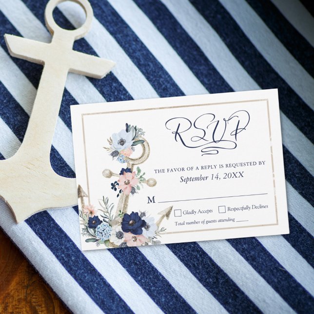 Nautical Anchor Floral Elegant Script Navy Blue RSVP Card (Creator Uploaded)