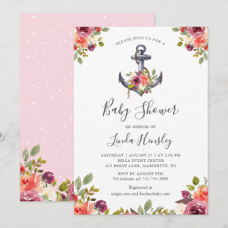 Nautical Anchor Floral Girl Baby Shower Invitation