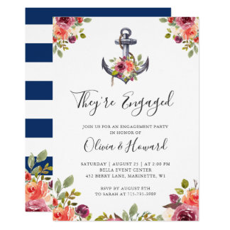 Nautical Anchor Floral Navy Blue Engagement Party Invitation