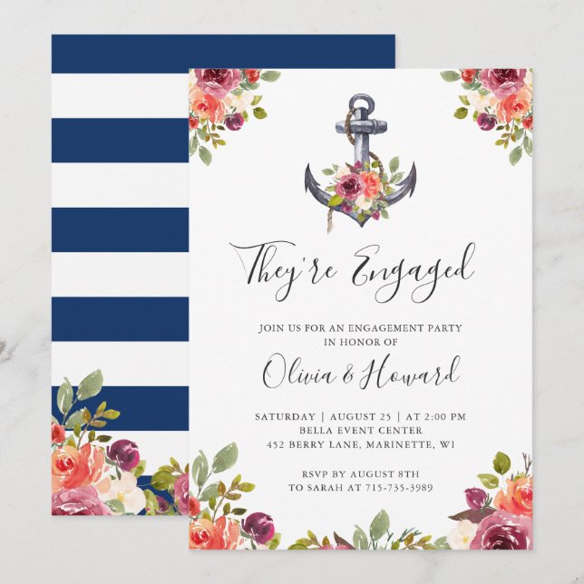Nautical Anchor Floral Navy Blue Engagement Party Invitation (Front/Back)
