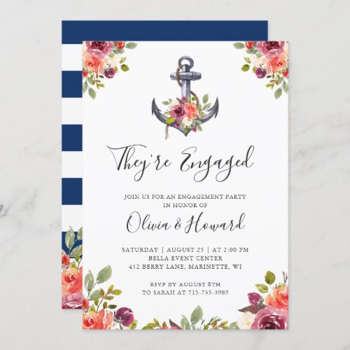 Nautical Anchor Floral Navy Blue Engagement Party Invitation