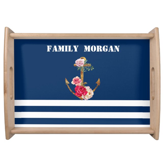 Nautical,Anchor Floral  Navy Blue Striped Serving Tray (Front)