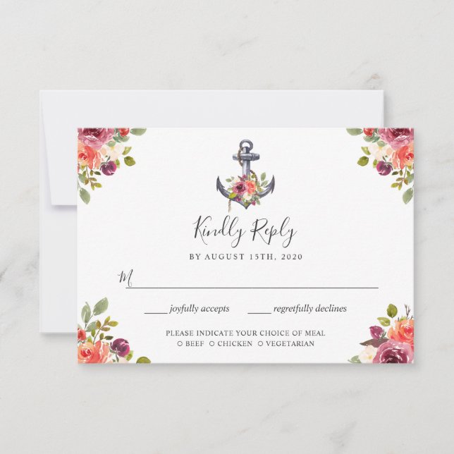 Nautical Anchor Floral Navy Blue Stripes RSVP (Front)