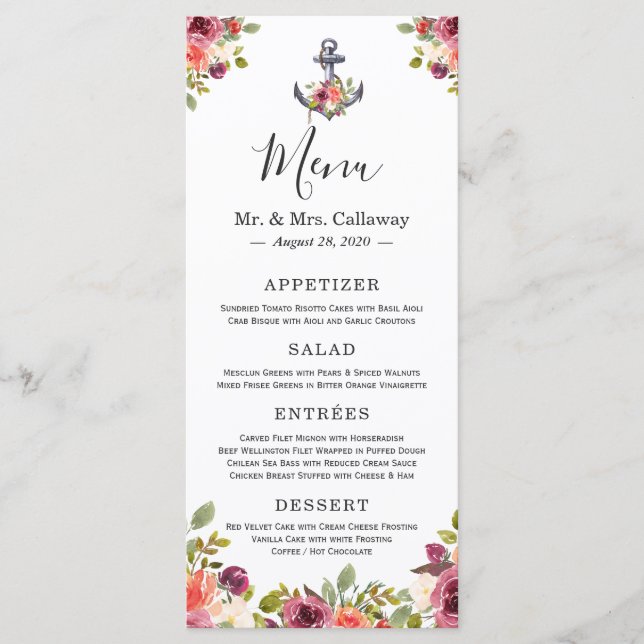 Nautical Anchor Floral Navy Blue Wedding Menu (Front)