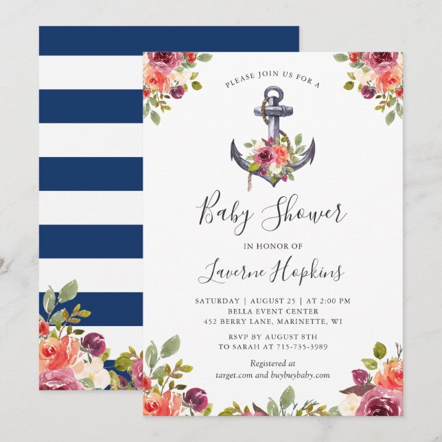 Nautical Anchor Floral Navy Stripes Baby Shower Invitation (Front/Back)