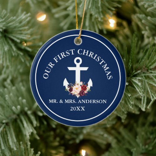 Nautical Anchor Floral Our First Christmas Ceramic Ornament