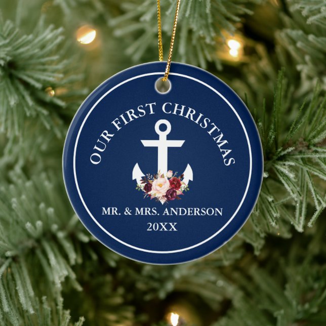 Nautical Anchor Floral Our First Christmas Ceramic Ornament (Tree)
