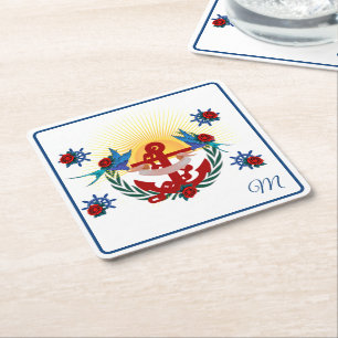 Nautical Anchor Floral Red Blue  Square Paper Coaster