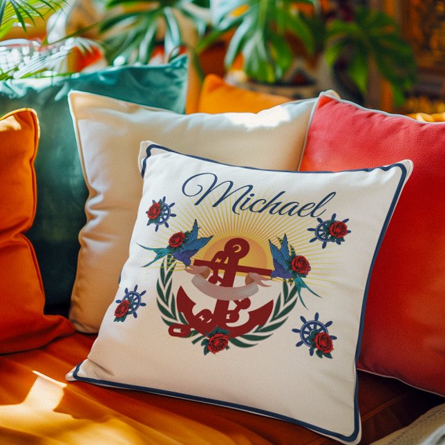 Nautical Anchor Floral Red Blue  Throw Pillow (Creator Uploaded)