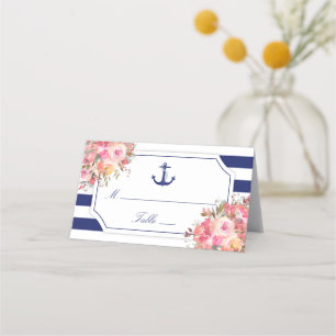 Nautical Anchor Floral Rose Blue Stripe Wedding Place Card
