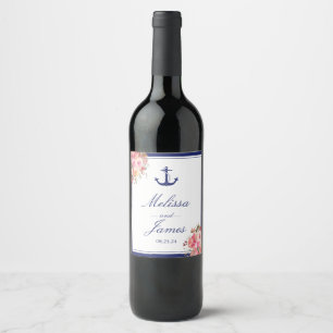 Nautical Anchor Floral Rose Navy Blue Wedding Wine Label