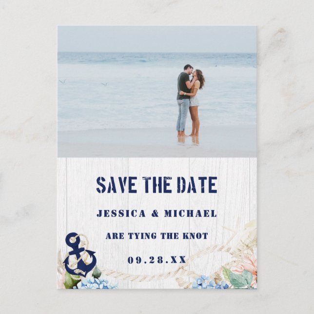Nautical Anchor Floral Rustic Beach Save The Date Invitation Postcard (Front)