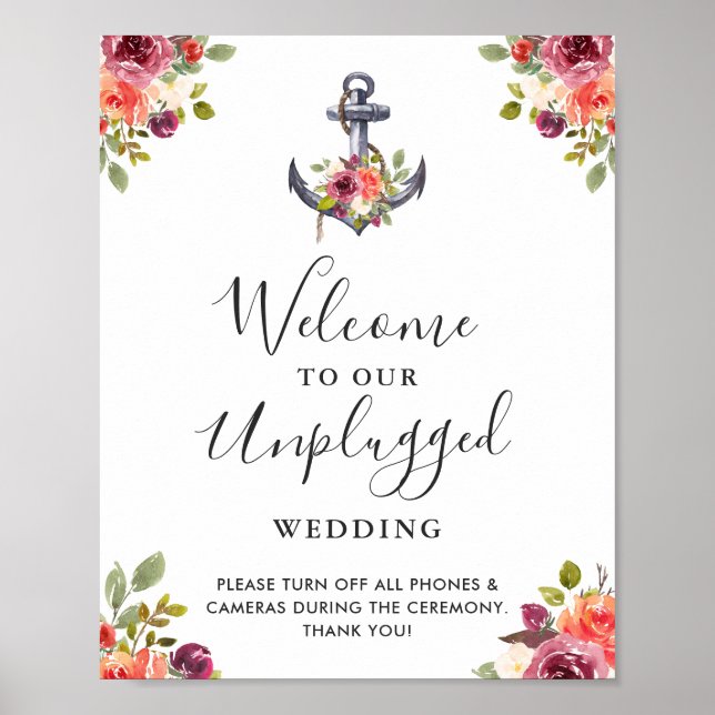 Nautical Anchor Floral Unplugged Wedding Sign (Front)