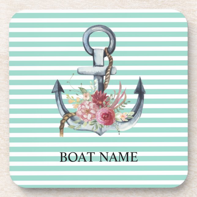 Nautical,Anchor Flowers Mint Green Stripes  Beverage Coaster (Front)