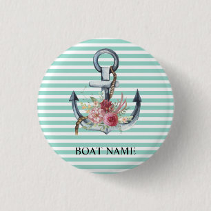 Nautical,Anchor Flowers Mint Green Stripes Button