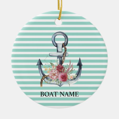 NauticalAnchor Flowers Mint Green Stripes Ceramic Ornament