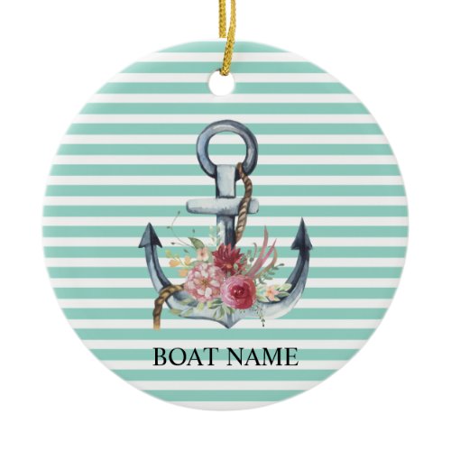 Nautical,Anchor Flowers Mint Green Stripes Ceramic Ornament