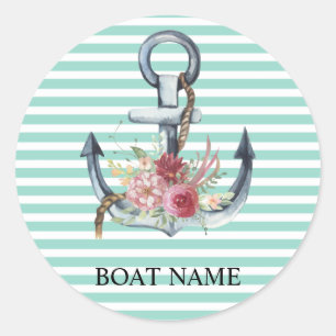 Nautical,Anchor Flowers Mint Green Stripes Classic Round Sticker