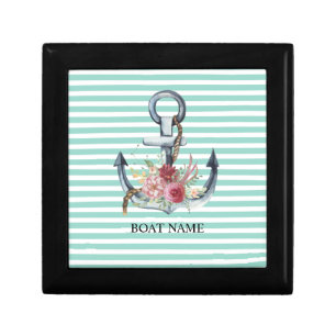Nautical,Anchor Flowers Mint Green Stripes Gift Box