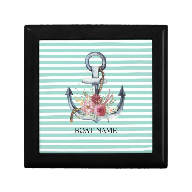 Nautical,Anchor Flowers Mint Green Stripes  Gift Box (Front)