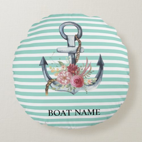 NauticalAnchor Flowers Mint Green Stripes  Round Pillow