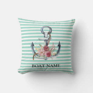 Nautical,Anchor Flowers Mint Green Stripes Throw Pillow