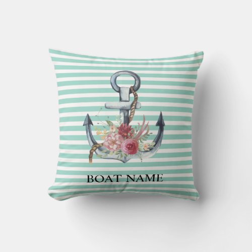 NauticalAnchor Flowers Mint Green Stripes    Throw Pillow