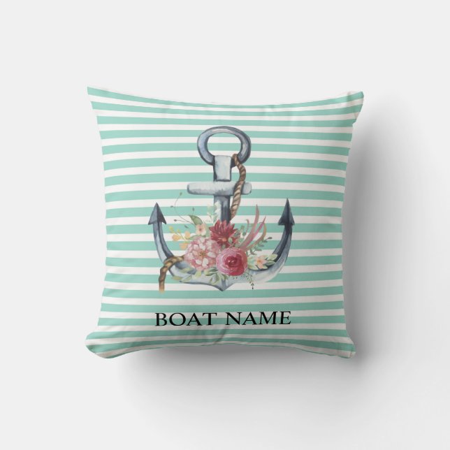 Nautical,Anchor Flowers Mint Green Stripes    Throw Pillow (Front)