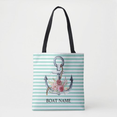 NauticalAnchor Flowers Mint Green Stripes    Tote Bag