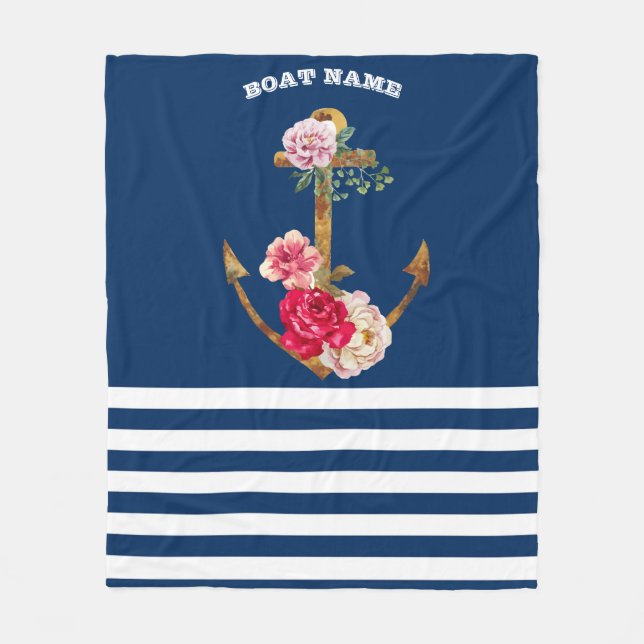 Nautical,Anchor Flowers Navy Blue Stripes Fleece Blanket (Front)