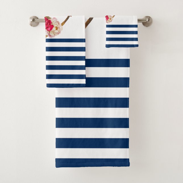 Nautical,Anchor Flowers Navy Blue White Stripes  Bath Towel Set (Insitu)